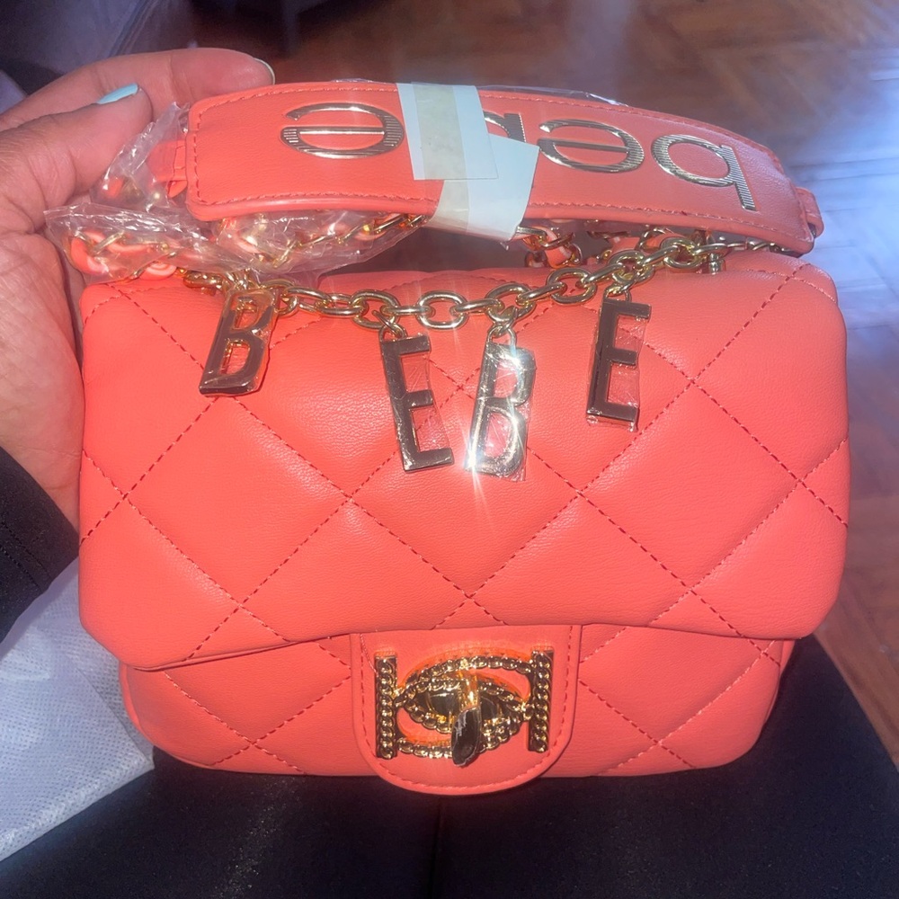 bebe Coral Quilted Mini Chain Shoulder Bag with Gold Charms
